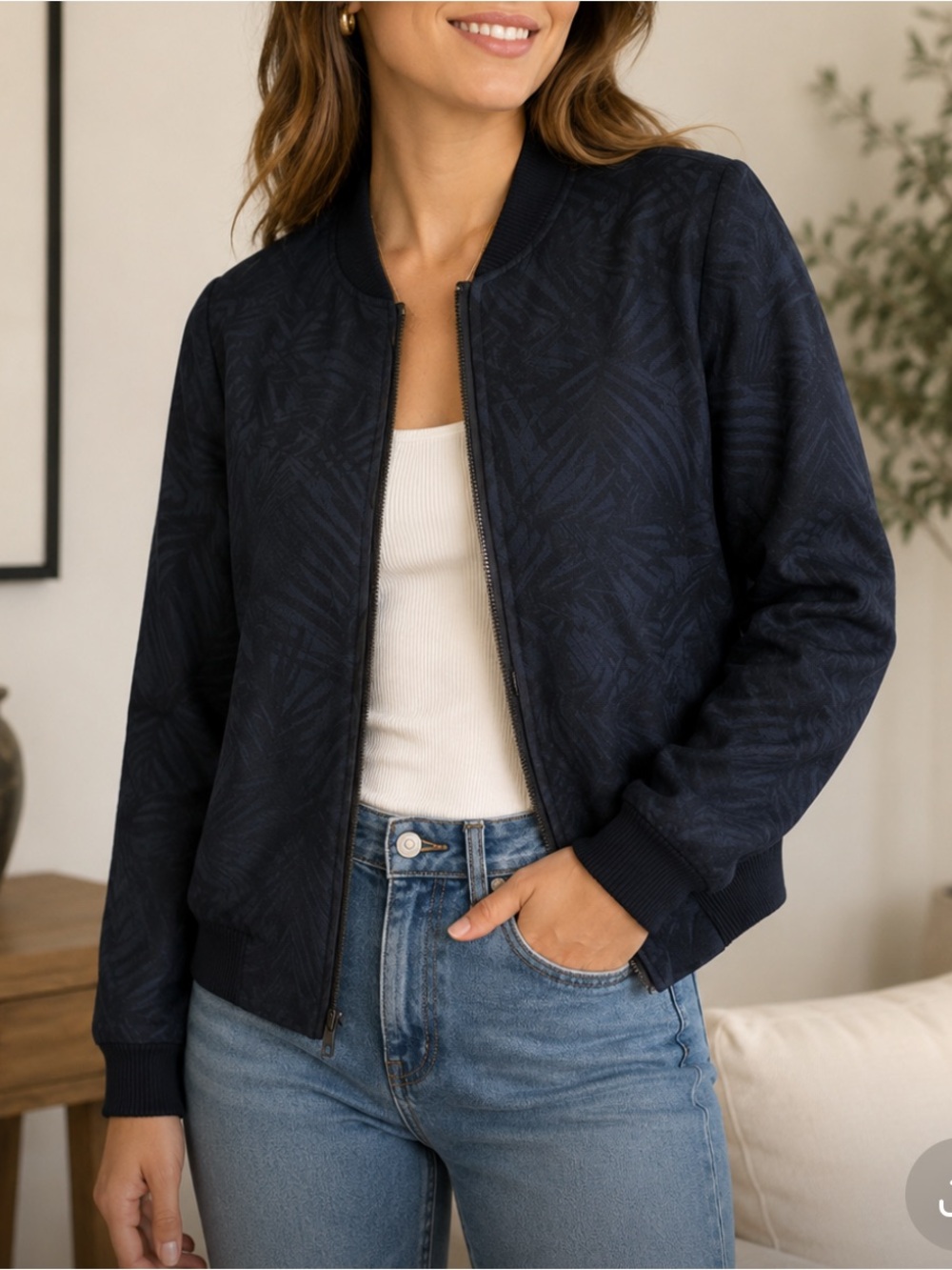 Helene Berman Navy Textured Bomber Jacket